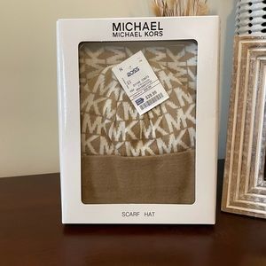 Michael Kors Tan Monogram Print Scarf & Hat Set